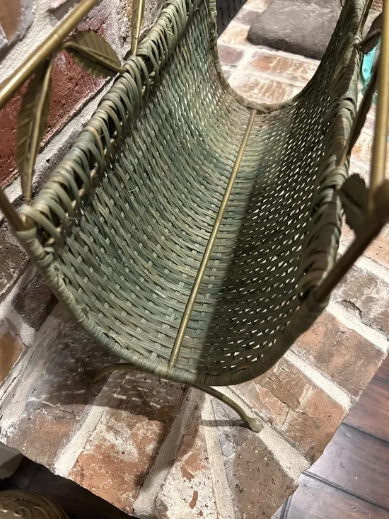 Vintage Wicker Magazine Rack with Brass Leaf Accents - Green - Picture 6 of 10